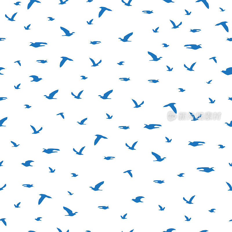 无缝图案的青鸟群侧影上飞白色，向量eps 10